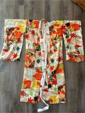 Vintage-Inspired Crane & Maple Print Kimono Jacket in Orange, Green & White